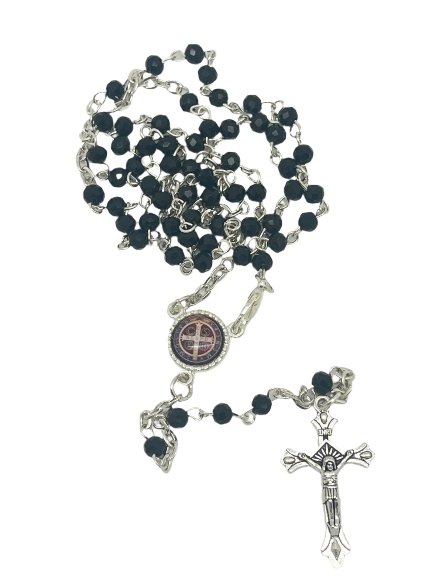 4mm black beaded Saint Benedict rosary with detailed silver crucifix and Saint Benedict medallion centerpiece