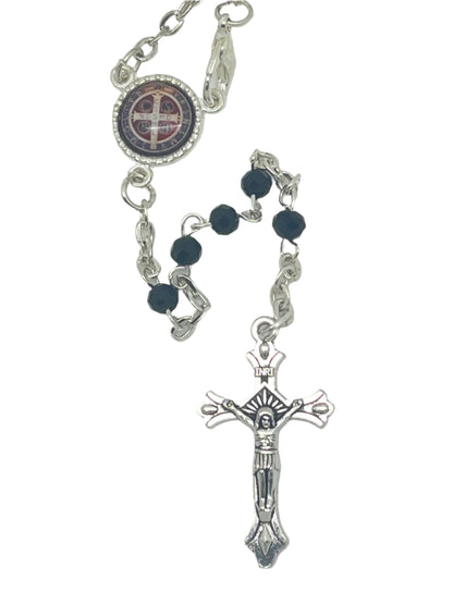 4mm Saint Benedict rosary with silver crucifix and chain, black beads, and detailed Saint Benedict medallion centerpiece