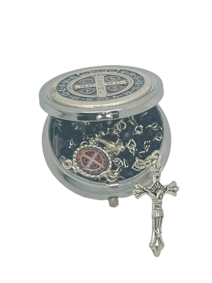 Saint Benedict round metal box with detailed medallion and 4mm black bead rosary featuring silver crucifix design