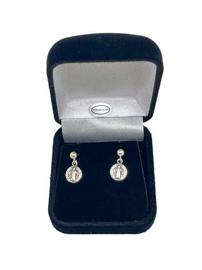 Sterling silver St. Benedict medal earrings displayed in a black velvet deluxe gift box with satin lining