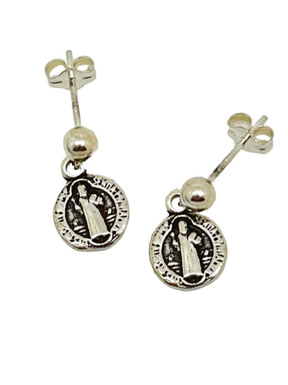 Sterling silver St. Benedict medal earrings with detailed saint design and secure post backs in elegant spiritual jewelry style