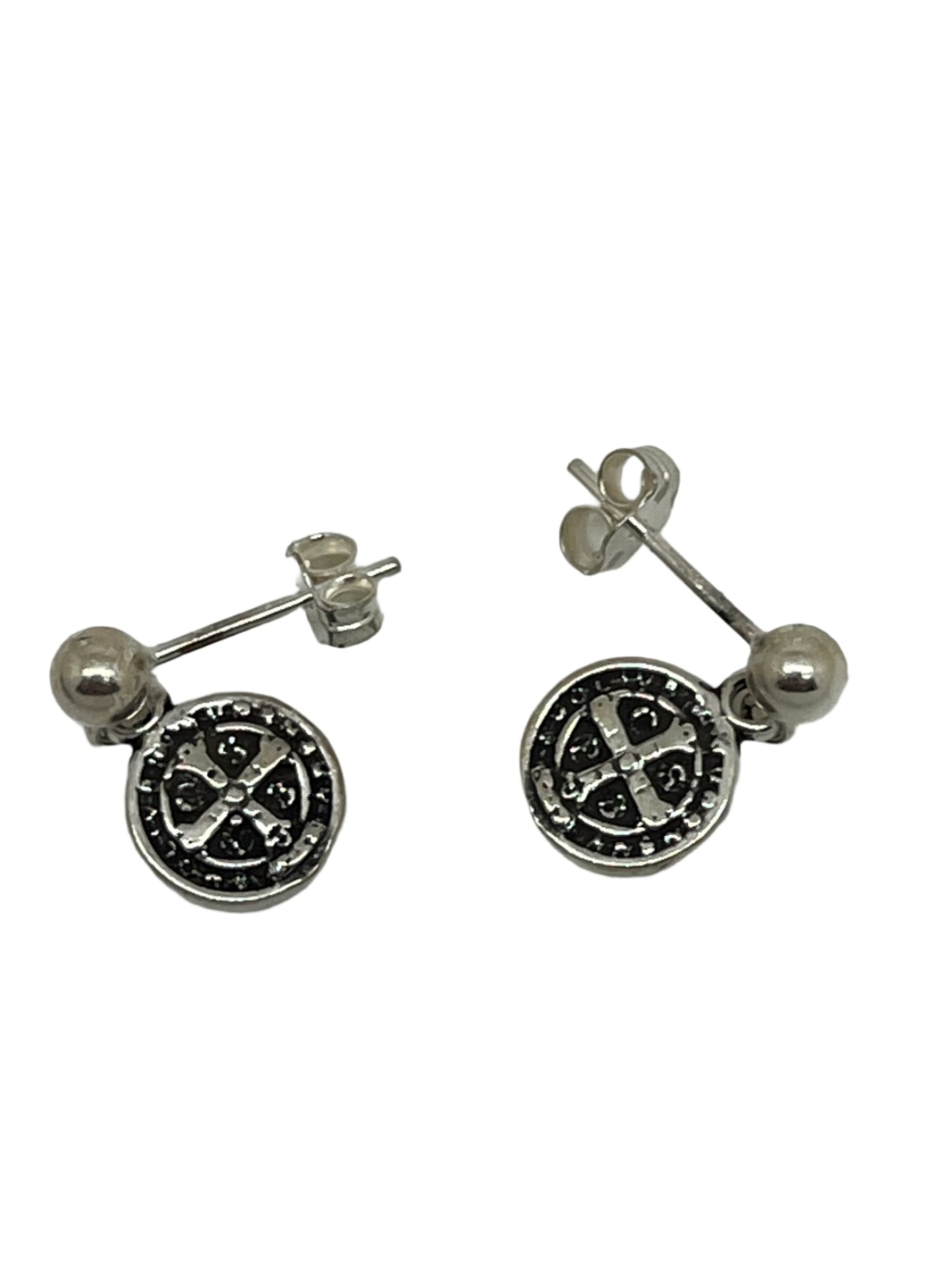 Sterling silver St. Benedict medal stud earrings with detailed spiritual design and secure butterfly backs