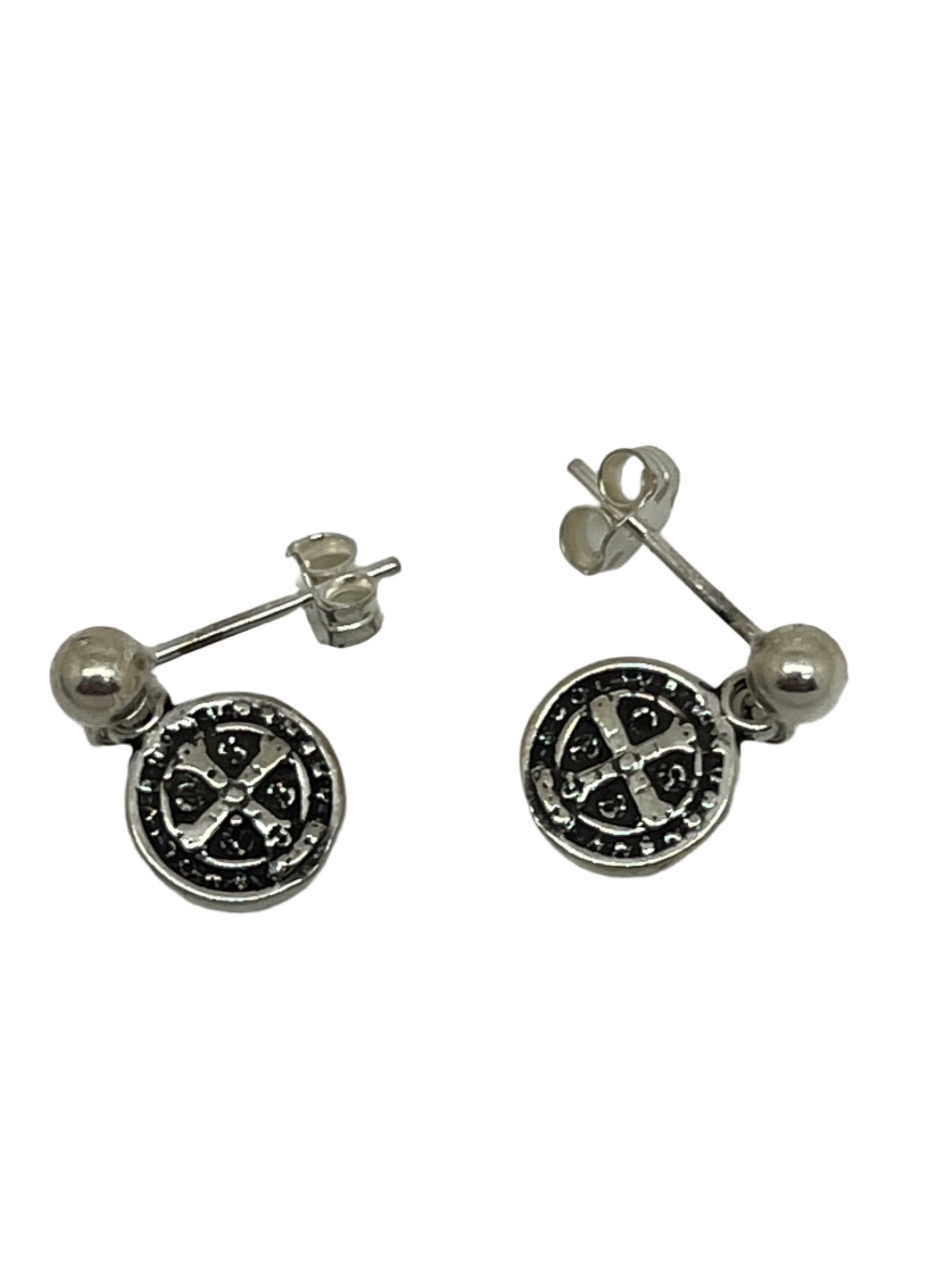 Sterling silver St. Benedict medal stud earrings with detailed spiritual design and secure butterfly backs