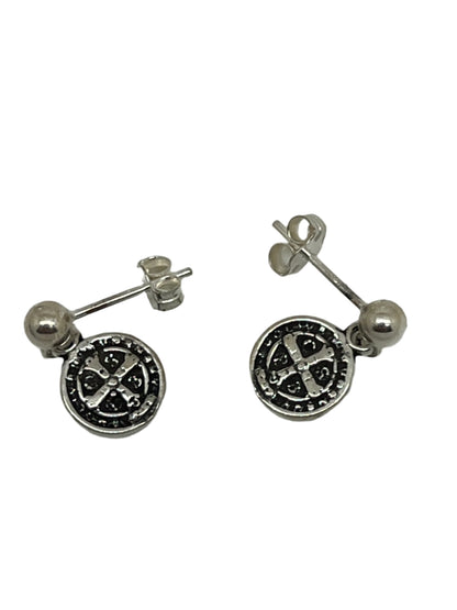 Sterling silver St. Benedict medal stud earrings with detailed spiritual design and secure butterfly backs
