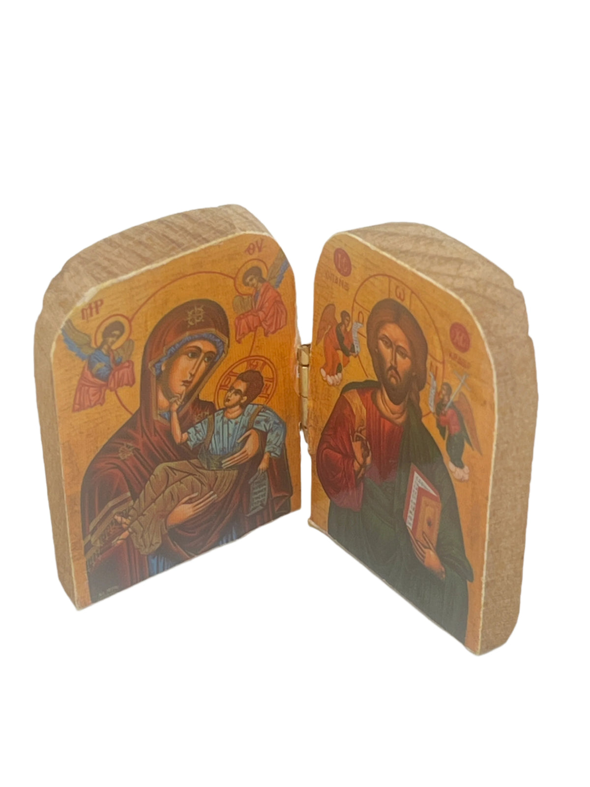2" Greek Madonna and Child diptych icon in traditional wood with red and gold tones, small devotional artwork piece
