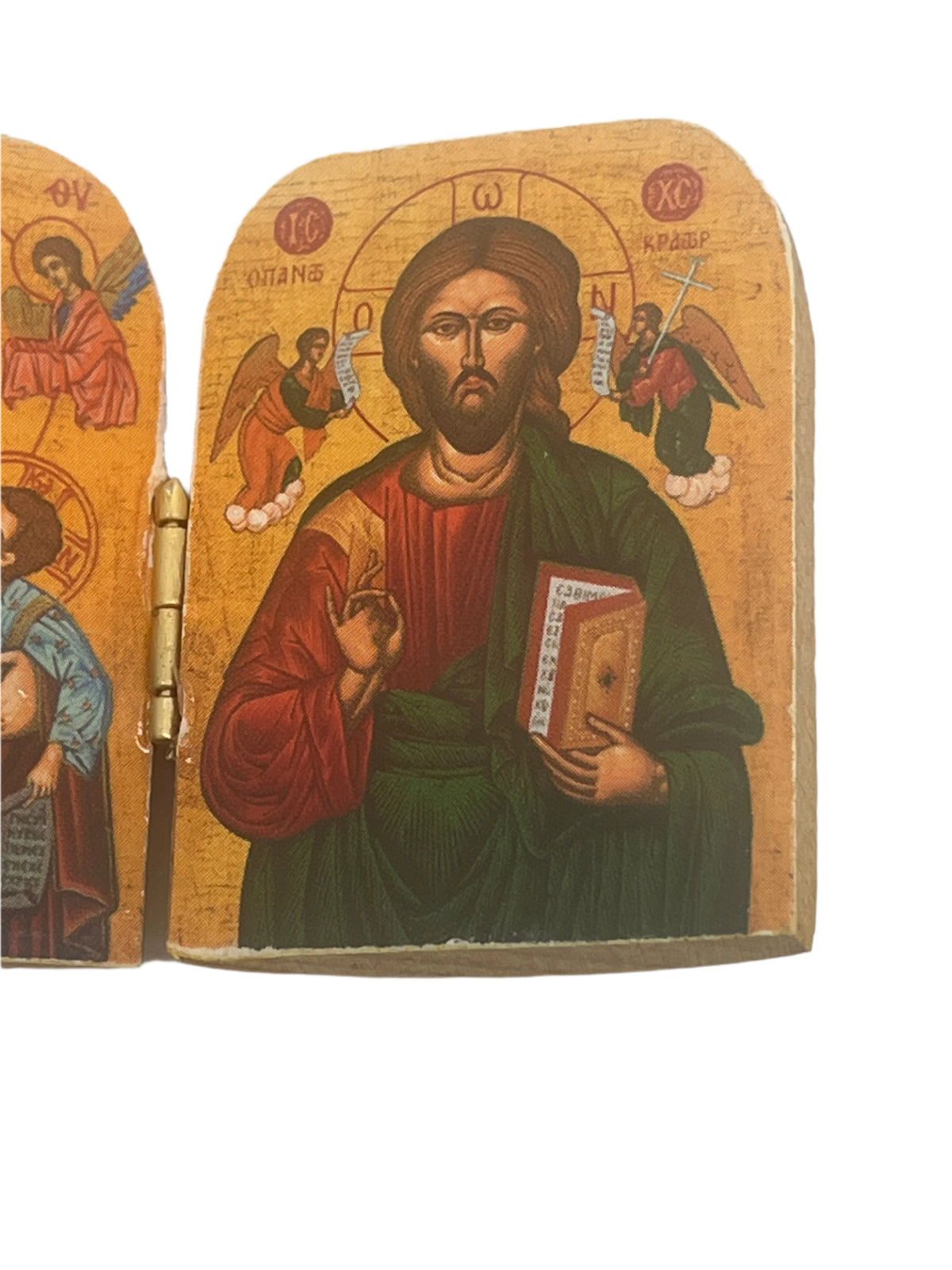 2" Greek diptych icon of Christ Pantocrator with detailed halos, angels, and traditional Byzantine style painting