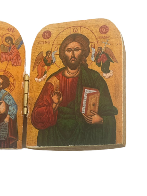 2" Greek diptych icon of Christ Pantocrator with detailed halos, angels, and traditional Byzantine style painting