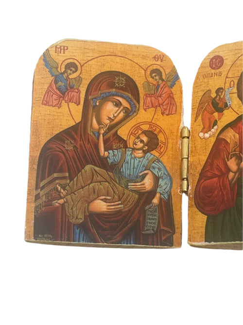 2" Madonna and Child Greek diptych icon with red-robed Madonna and traditional gold background artistry