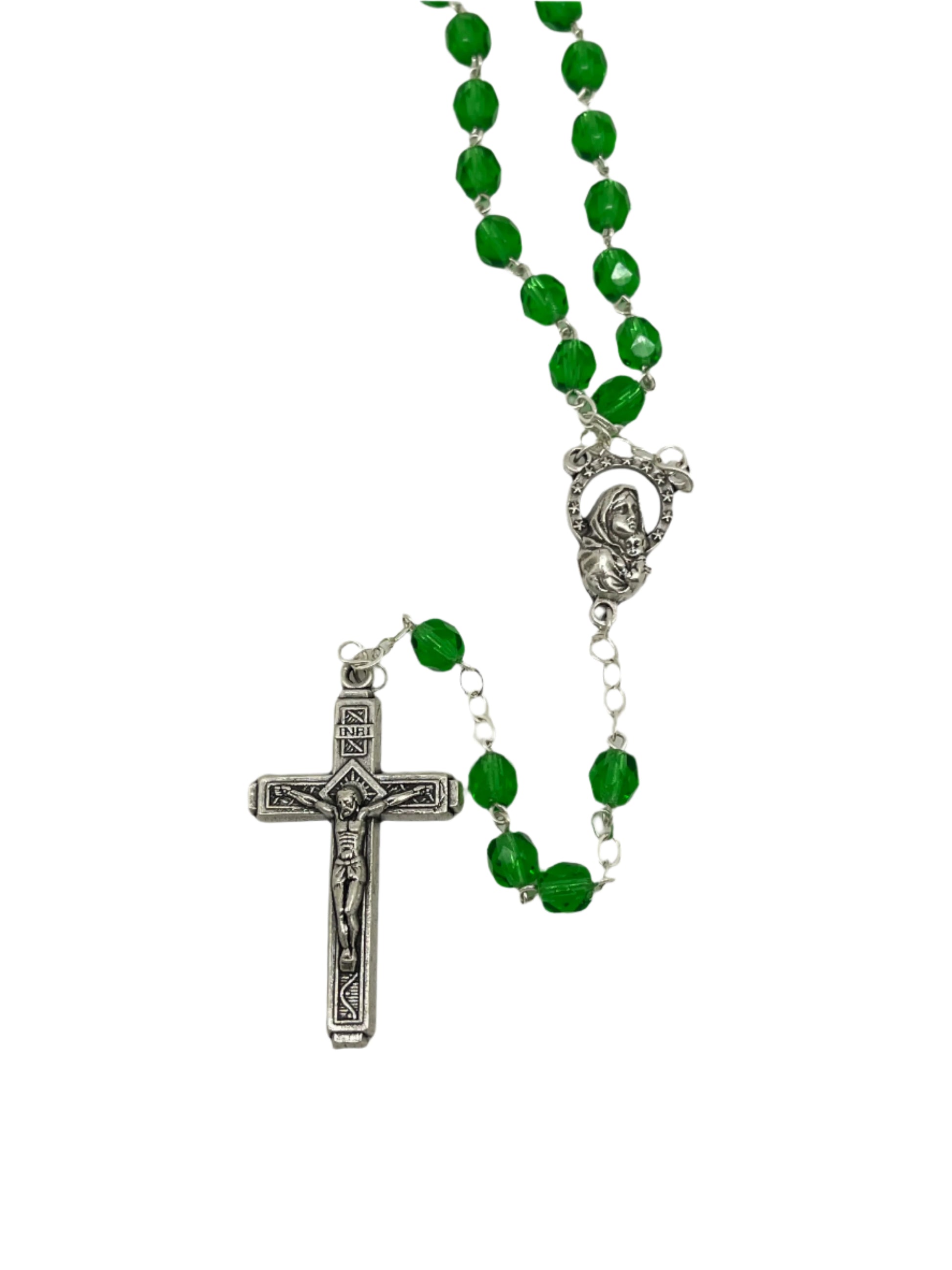 Italian green crystal rosary with 6mm beads, silver crucifix, and miraculous medal centerpiece on metal chain