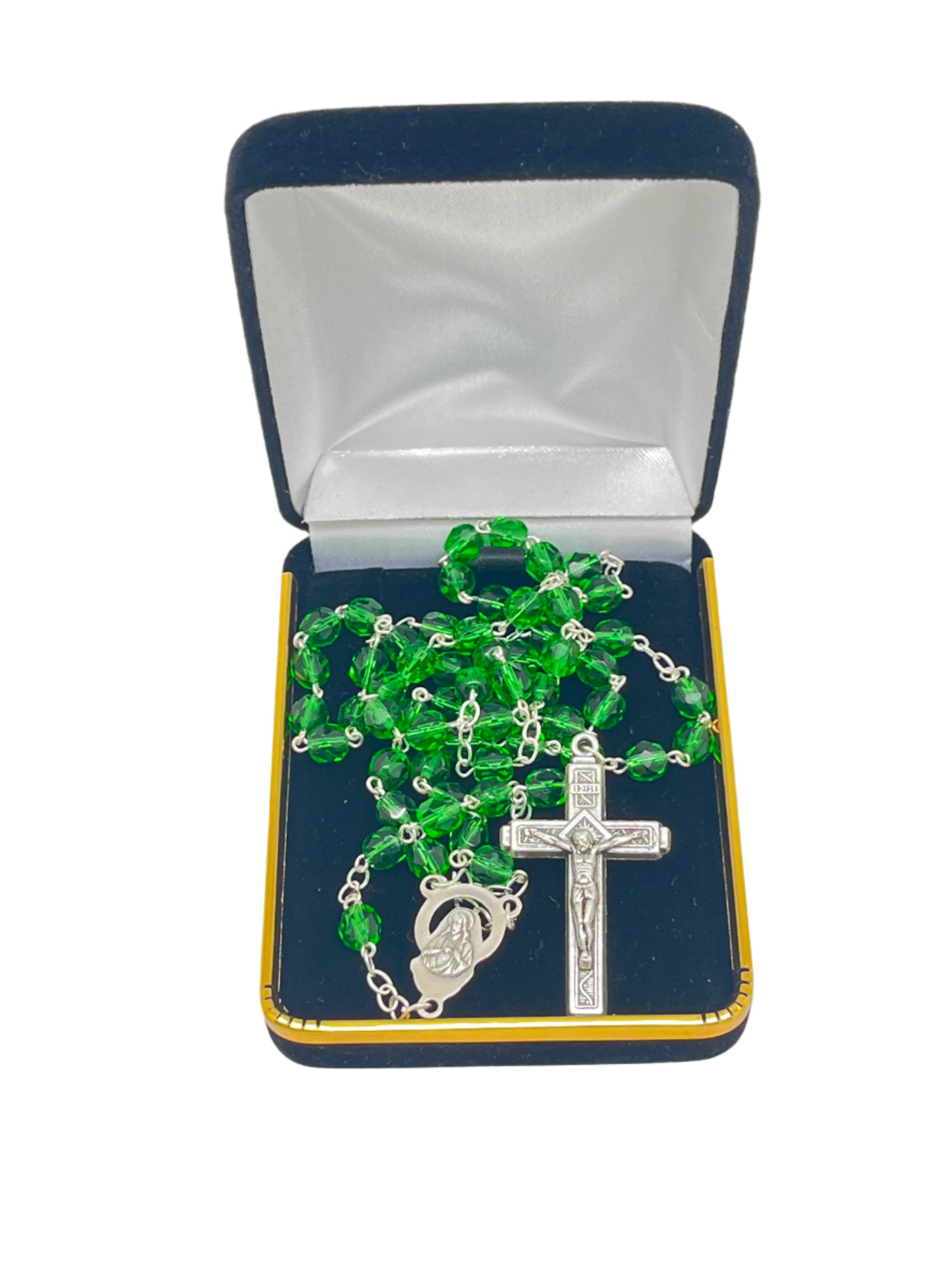 Green Italian cut glass rosary with 6MM beads, silver crucifix, miraculous medal, presented in black velvet box