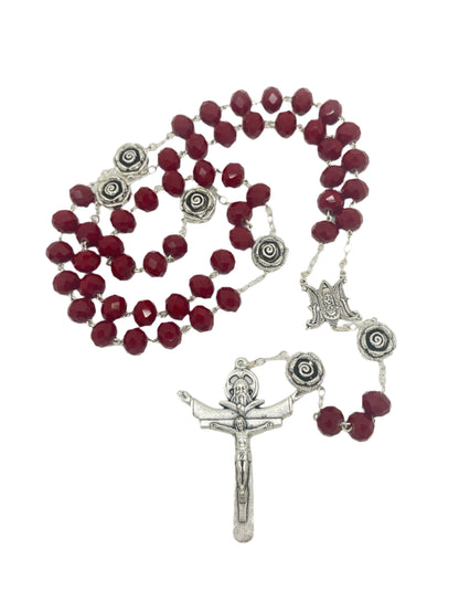Holy Trinity red glass rosary with 10mm beads, metal rose Our Father beads, and detailed crucifix, boxed in velvet case