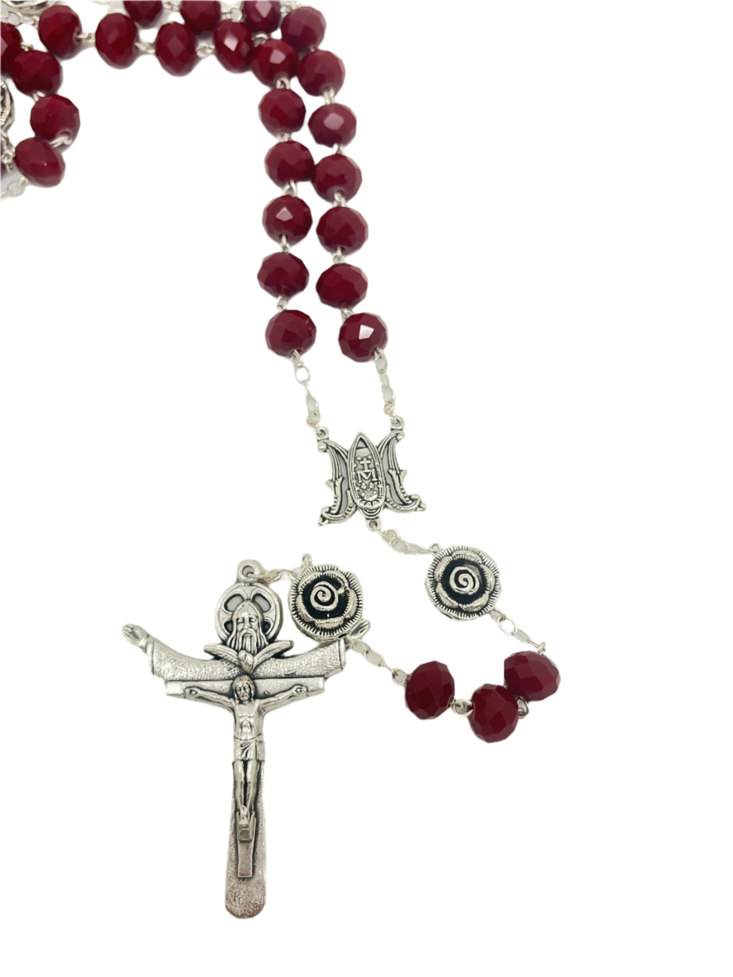 Holy Trinity crucifix rosary with 10mm red glass beads and metal rose Our Father beads, detailed silver-tone design