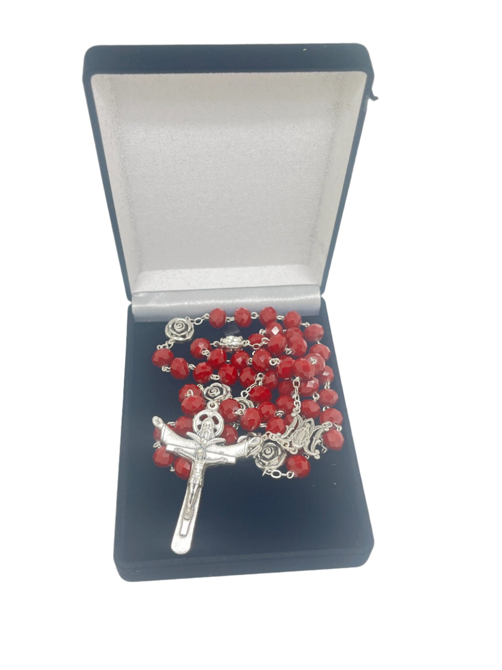 10mm Holy Trinity rosary with red glass beads, metal rose Our Father beads, crucifix in black velvet presentation box