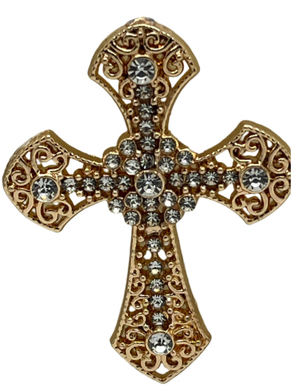 Intricately detailed gold cross with clear jeweled accents and ornate filigree design in elegant vintage style