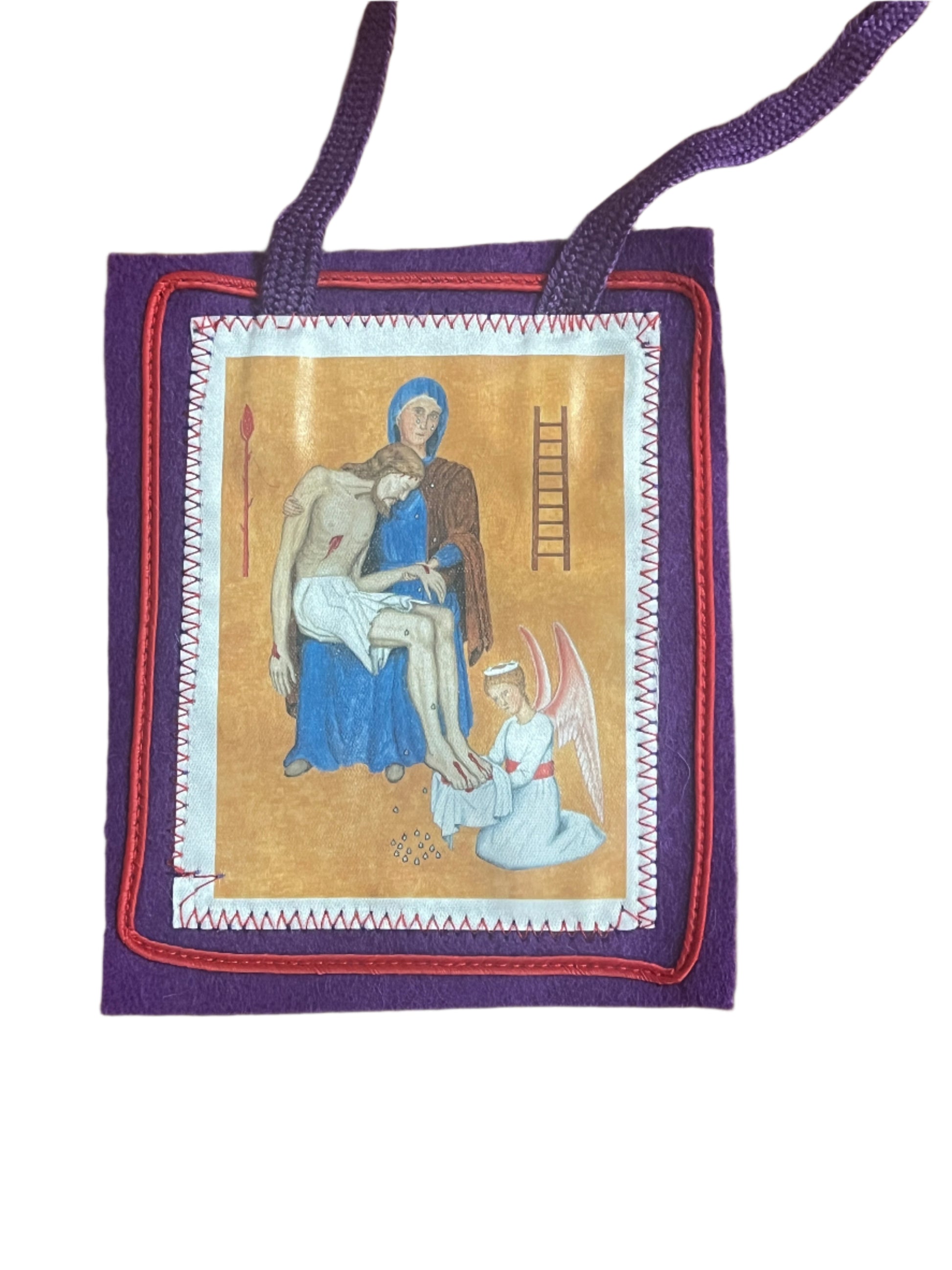 Large purple scapular from France featuring religious artwork of the Pieta with ladder and angel on front panel.