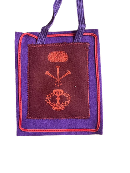 Large purple scapular with red embroidery of Eucharistic symbols, handcrafted in France, 3 1/2 by 4 1/2 inches.