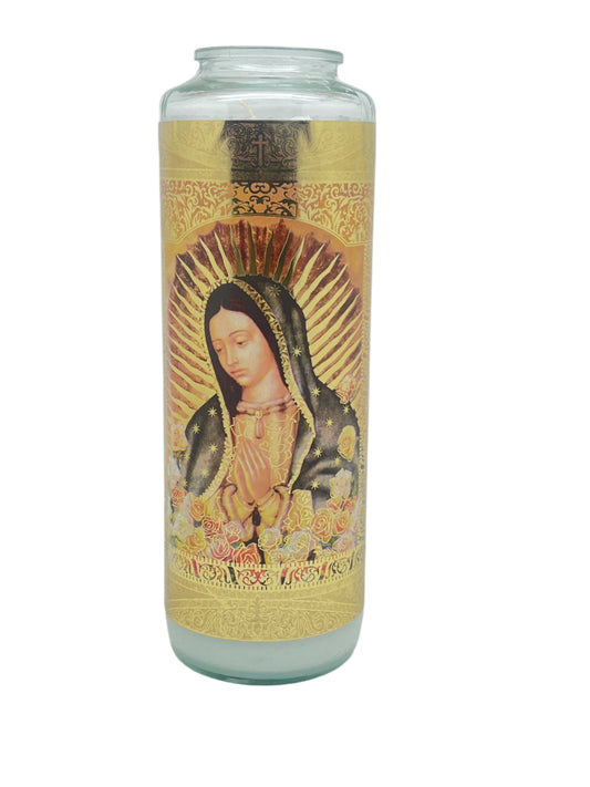 8" Our Lady of Guadalupe 6 Day Credo sanctuary prayer candle in glass, featuring gold and floral accents design
