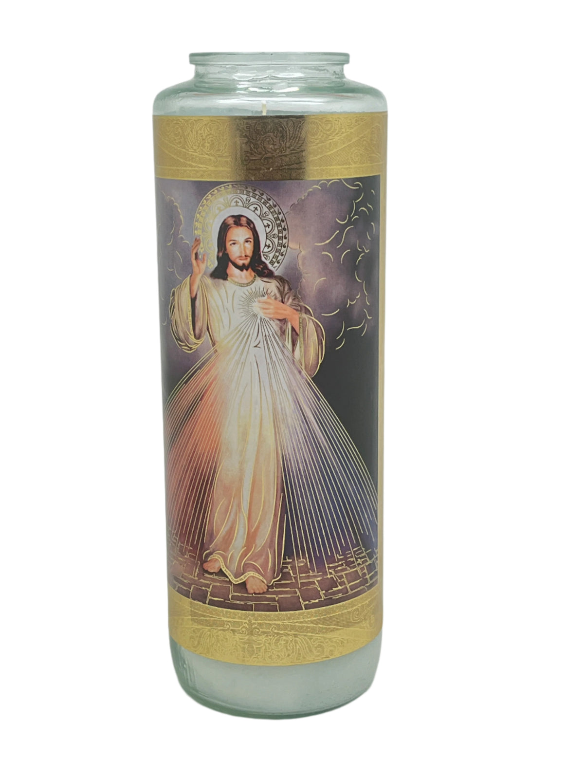 6" Divine Mercy sanctuary devotional candle with continuous 6-day burn, featuring glass jar and detailed religious image