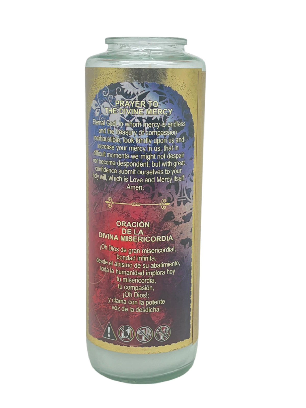 8" Divine Mercy sanctuary devotional prayer candle in glass holder with bilingual prayer text and decorative gold border