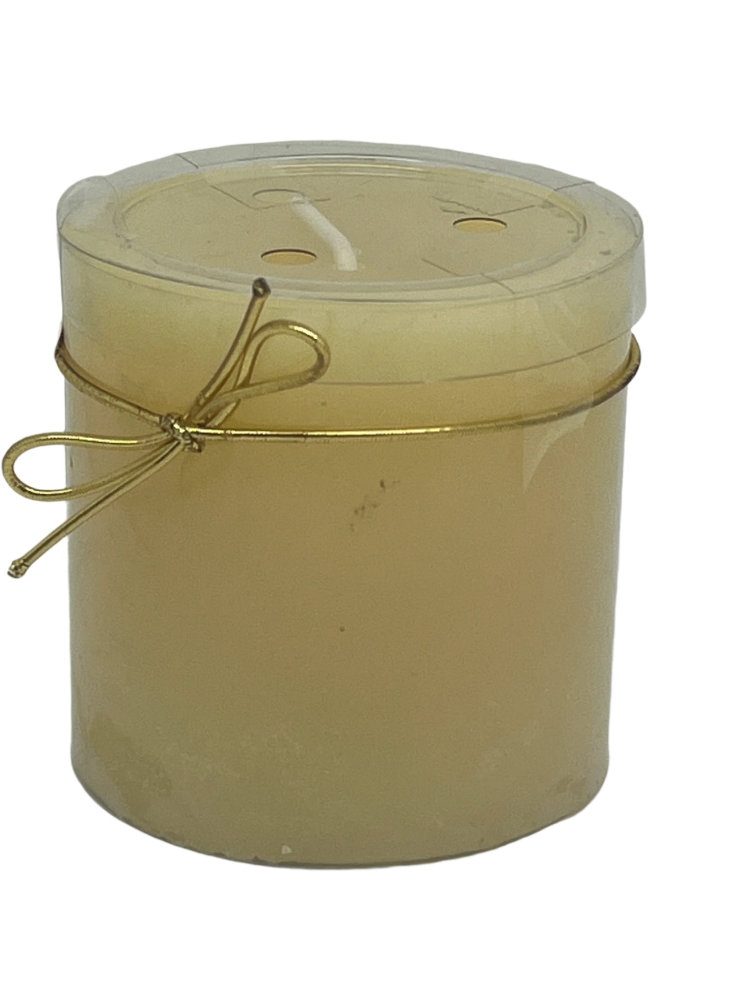 3" x 3" hand-crafted 100% beeswax column candle with natural honey fragrance and gold-tone decorative wire wrap