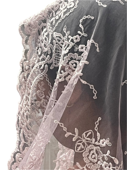 51" pale pink Spanish lace mantilla chapel veil with floral motifs and intricate scalloped lace edge detailing