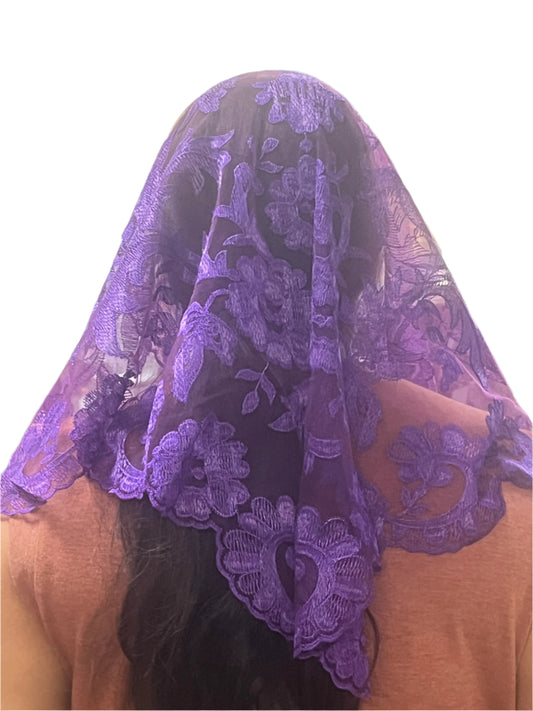 Eggplant Olivia lace mantilla chapel veil with floral motifs and scalloped edges, 51 inches long, worn over hair