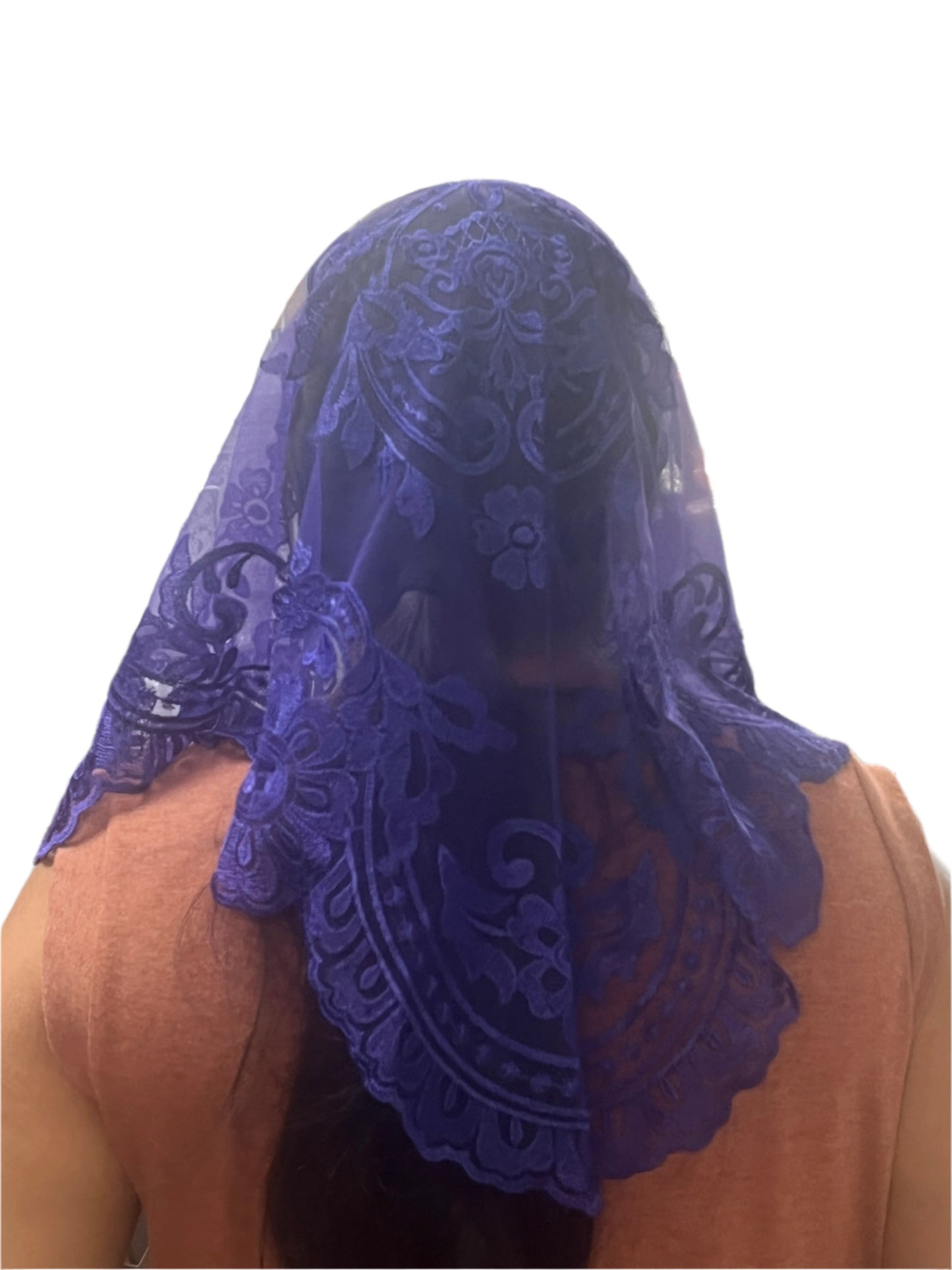 51" grape Lilian lace mantilla chapel veil with delicate floral motifs and scalloped edges for respectful worship use