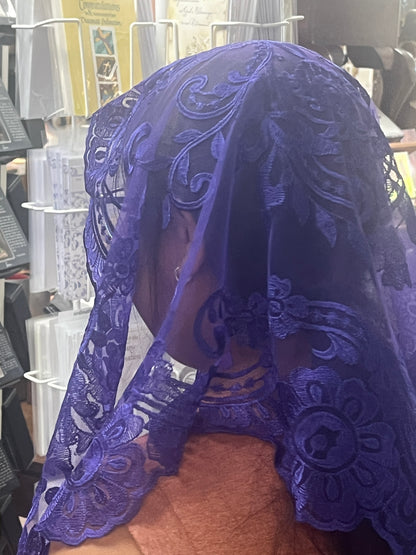 Grape Lilian lace mantilla chapel veil with intricate floral motifs and scalloped edges, 51 inches long, worn over head