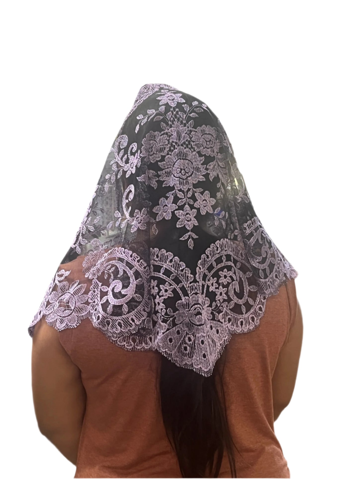 Lilac and black Spanish lace mantilla chapel veil with floral motifs and scalloped edges, 51 inches long.