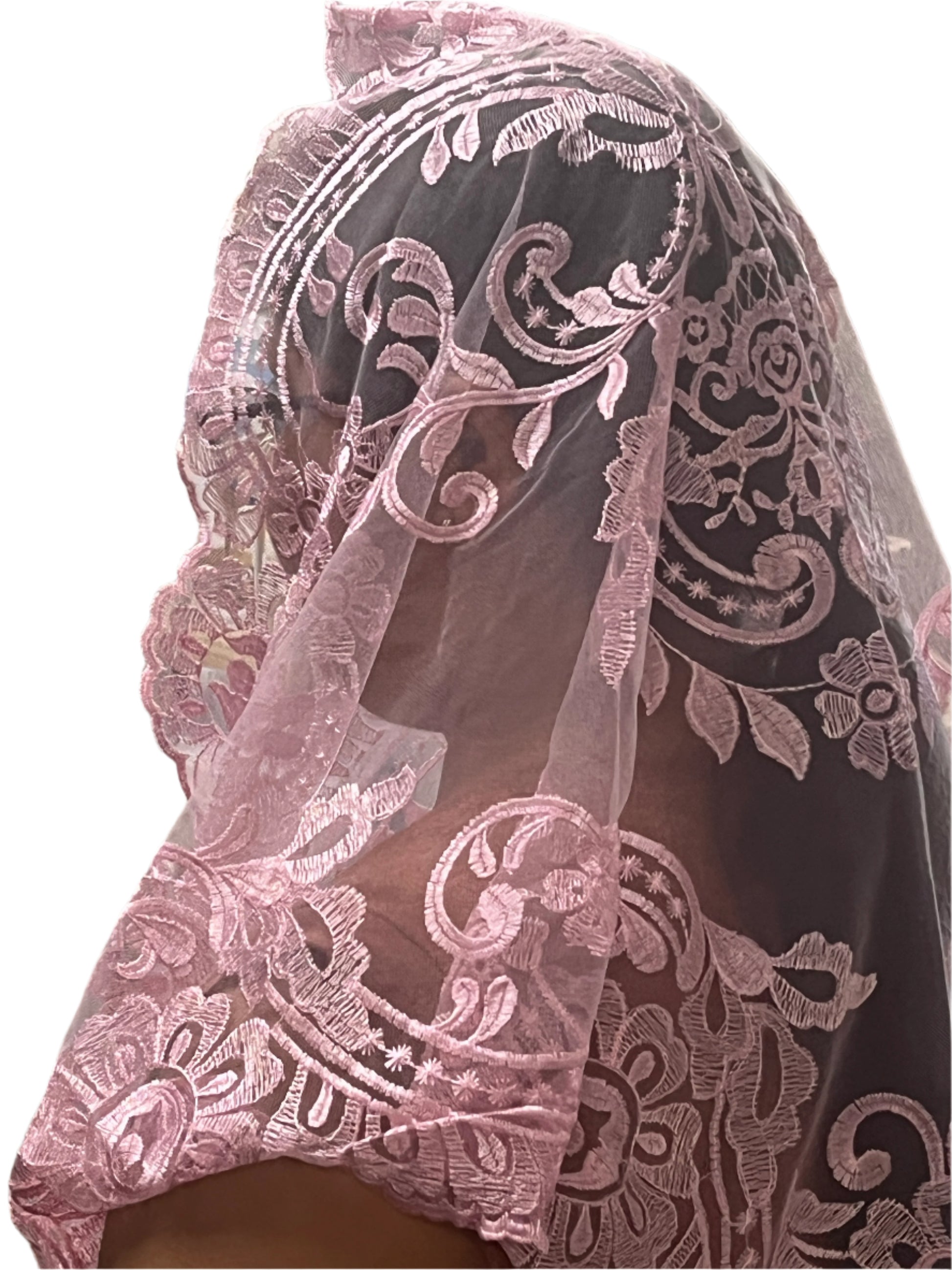 Dusty Rose Lilian Spanish lace mantilla veil with intricate flower motifs and scalloped edges, 51 inches long.