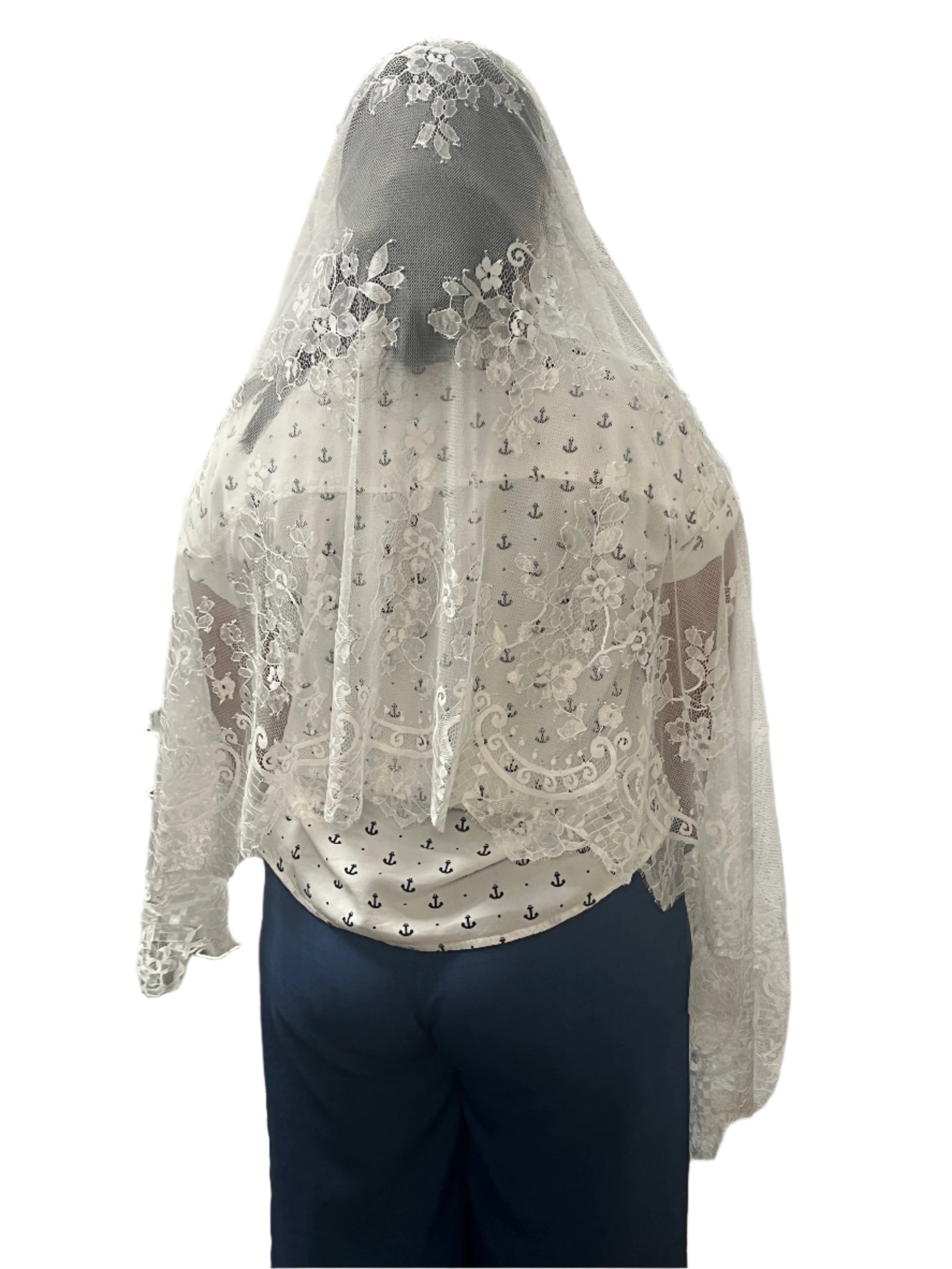 White Maria half circle lace mantilla veil with floral motifs and scalloped edge, 61 inches long, chapel veil style