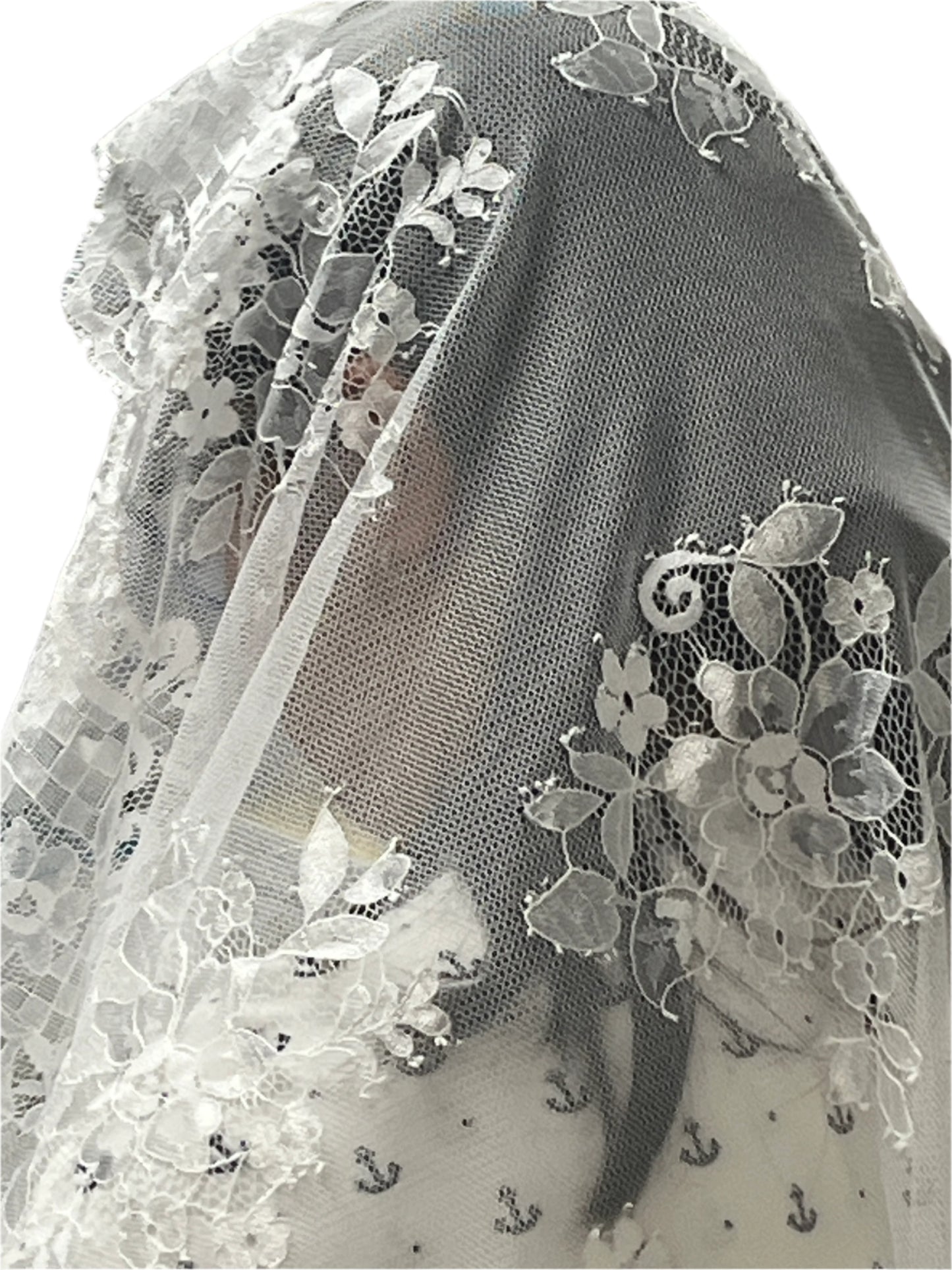 White Spanish lace mantilla veil with floral motifs and scalloped edges, 61 inches long, delicate chapel veil design.