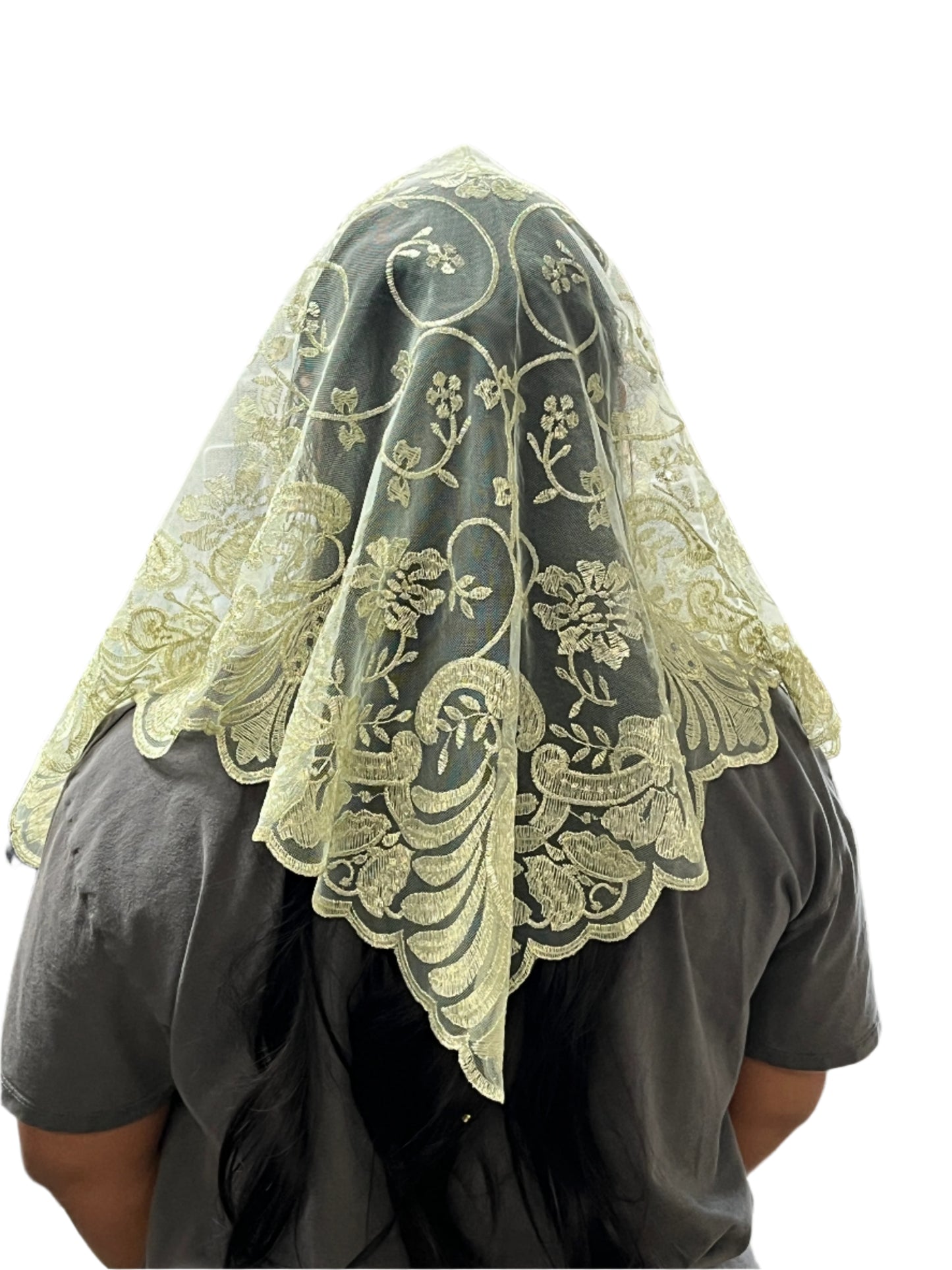 Ivory and metallic gold lace mantilla chapel veil with floral motifs and scalloped edges, 51 inches long