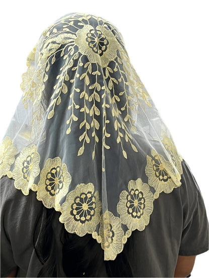 Pale yellow and white lace mantilla with floral motifs and scalloped edges, 51" chapel veil for respectful wear