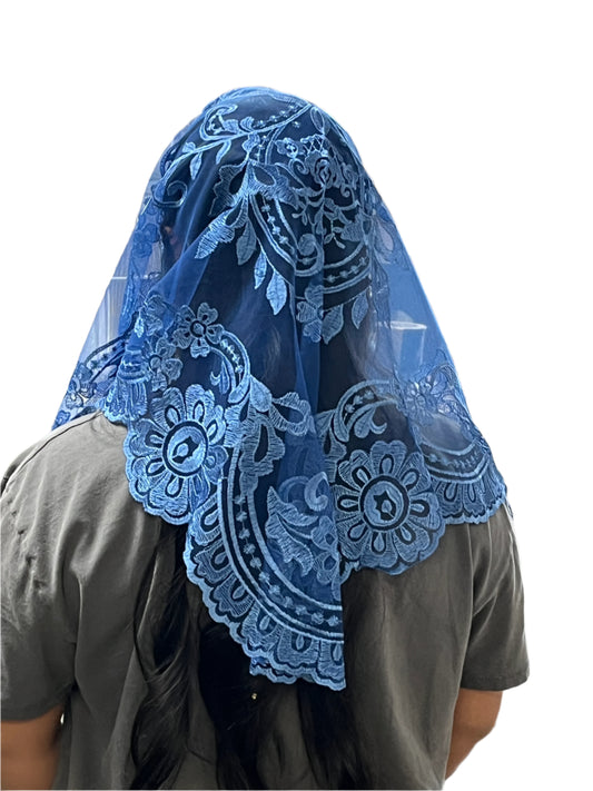 Arabic blue lace mantilla chapel veil with floral motifs and scalloped edges, 51 inches long, worn over dark hair
