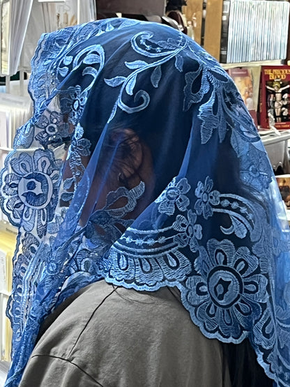 Arabic blue lace mantilla chapel veil with floral motifs and scalloped edges, 51 inches long, worn over head and shoulders