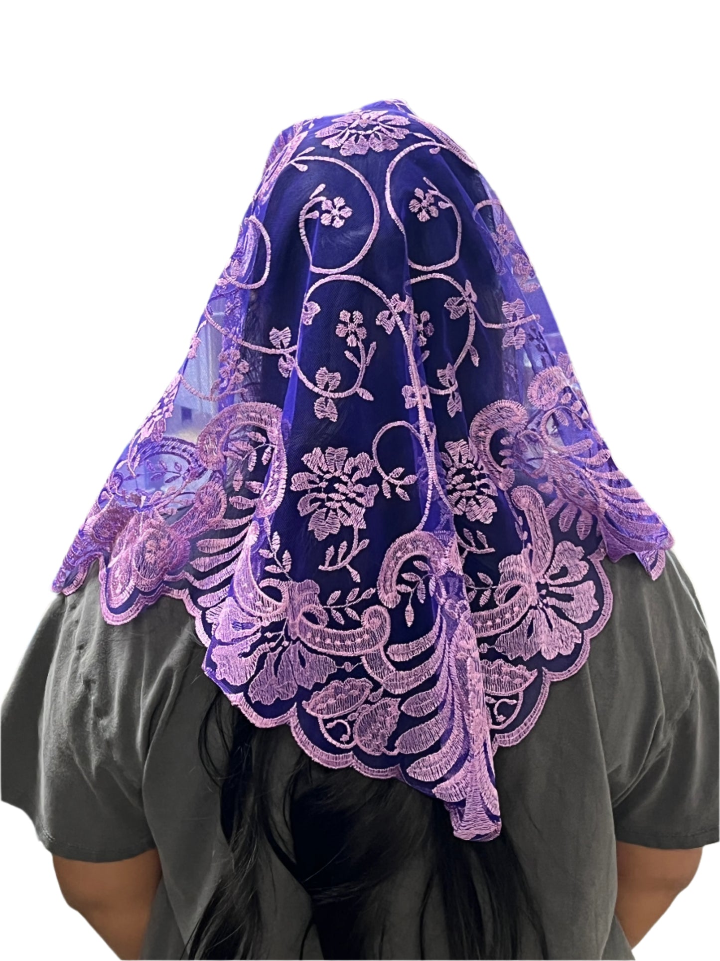 Wine purple Jacinta lace mantilla chapel veil with delicate floral motifs and scalloped edges, 51 inches long