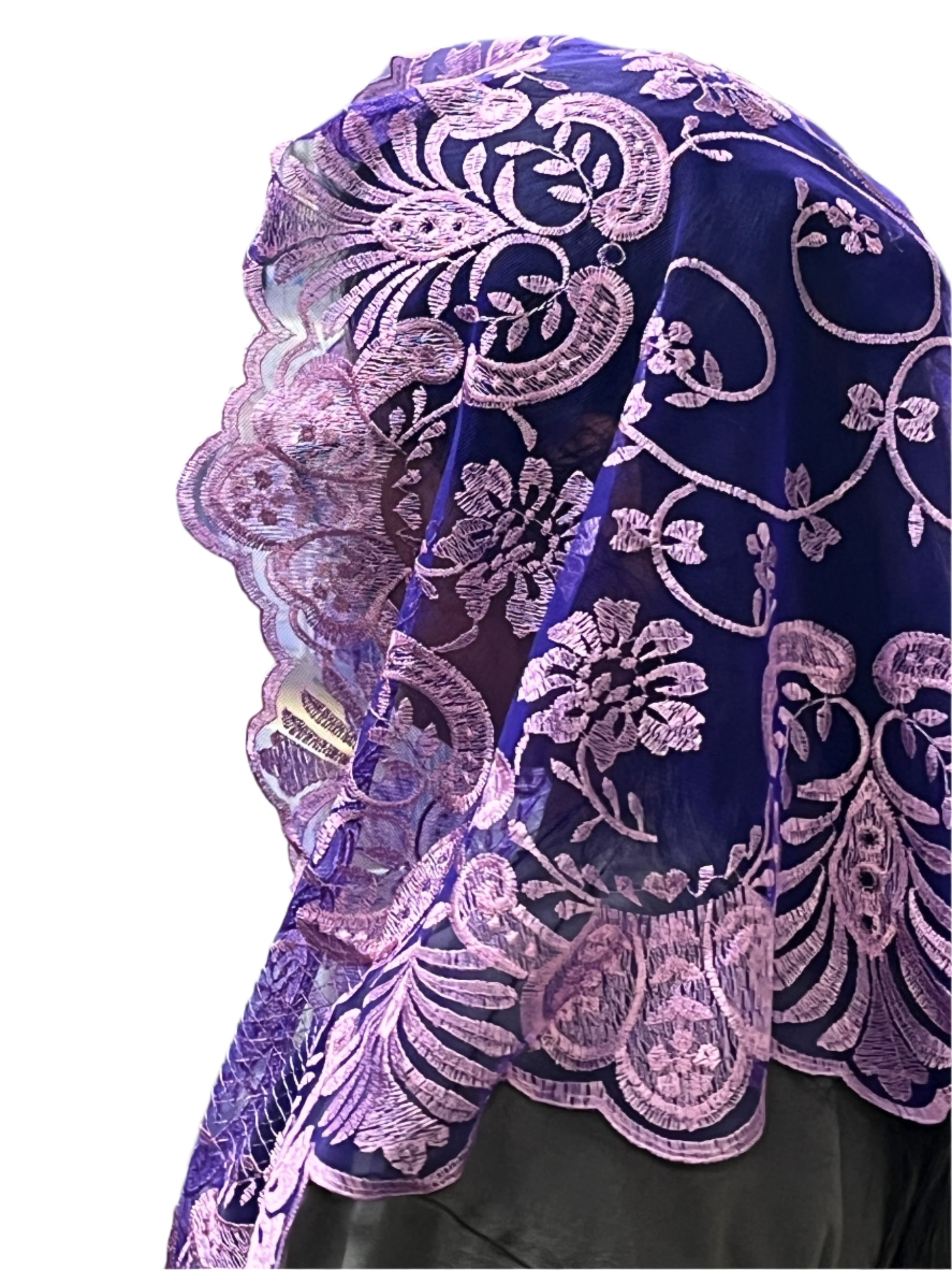Wine purple Jacinta lace mantilla chapel veil with floral motifs and scalloped edge, perfect for respectful chapel wear, 51 inches long.