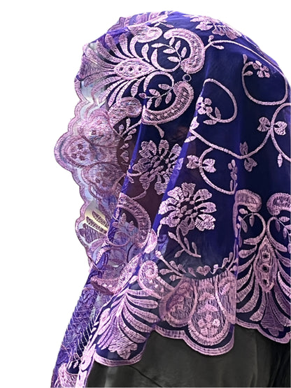 Wine purple Jacinta lace mantilla chapel veil with floral motifs and scalloped edge, perfect for respectful chapel wear, 51 inches long.
