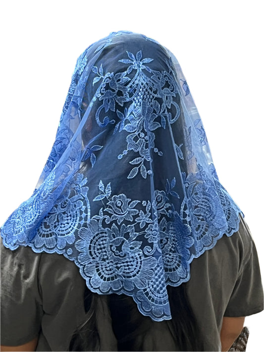 51" Madonna blue Eva lace chapel mantilla veil with delicate floral motifs and scalloped edges for chapel wear