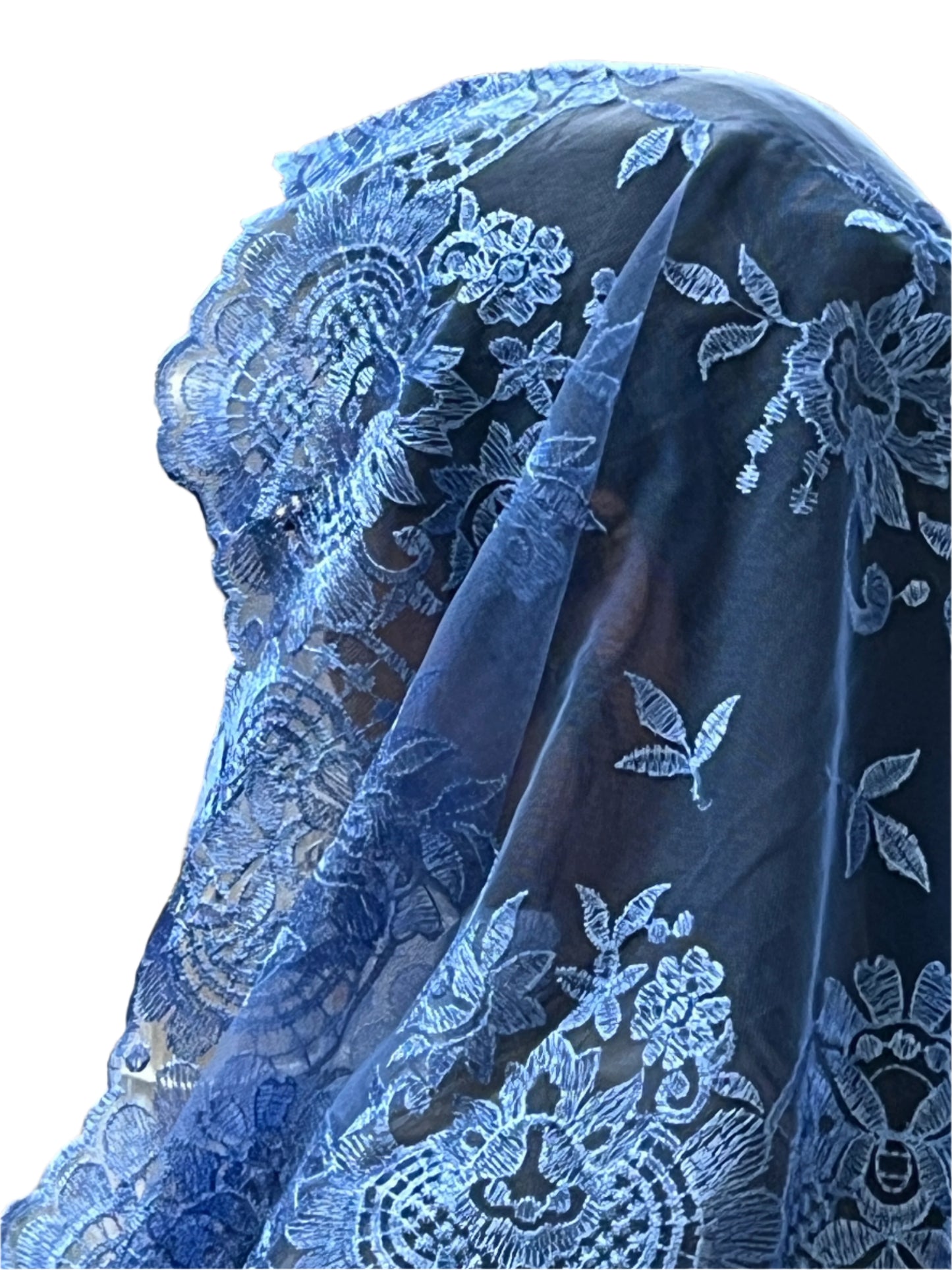 51" Madonna blue Spanish lace mantilla chapel veil with intricate scalloped edges and delicate floral motifs