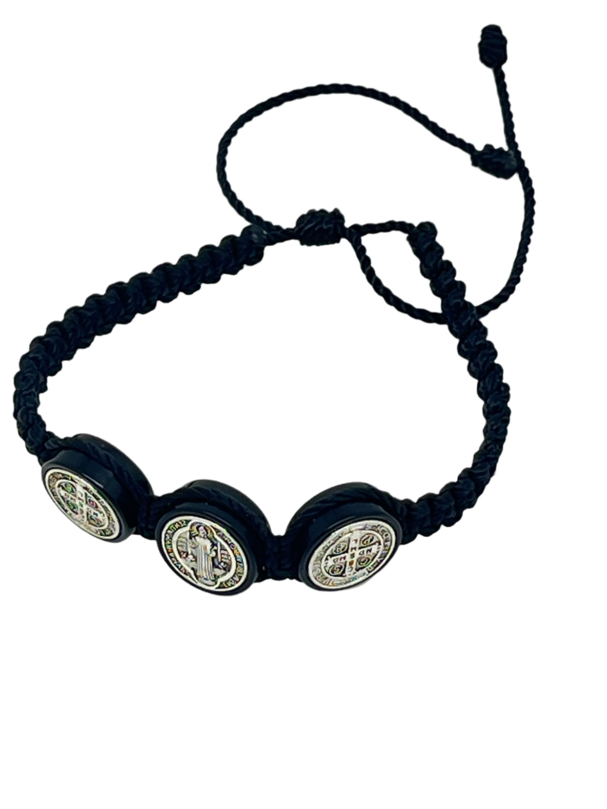 Saint Benedict medal adjustable sliding black woven bracelet with three detailed silver-tone medallions