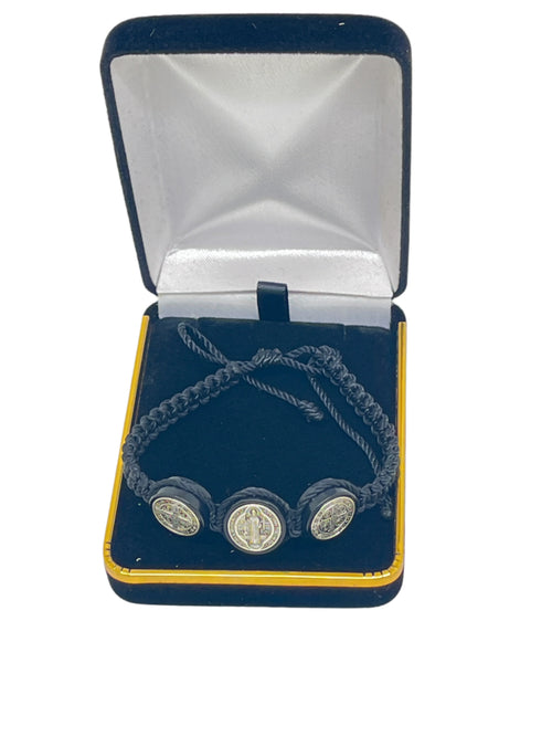 Saint Benedict 3-medal black woven adjustable sliding bracelet presented in black velvet gift box with gold trim