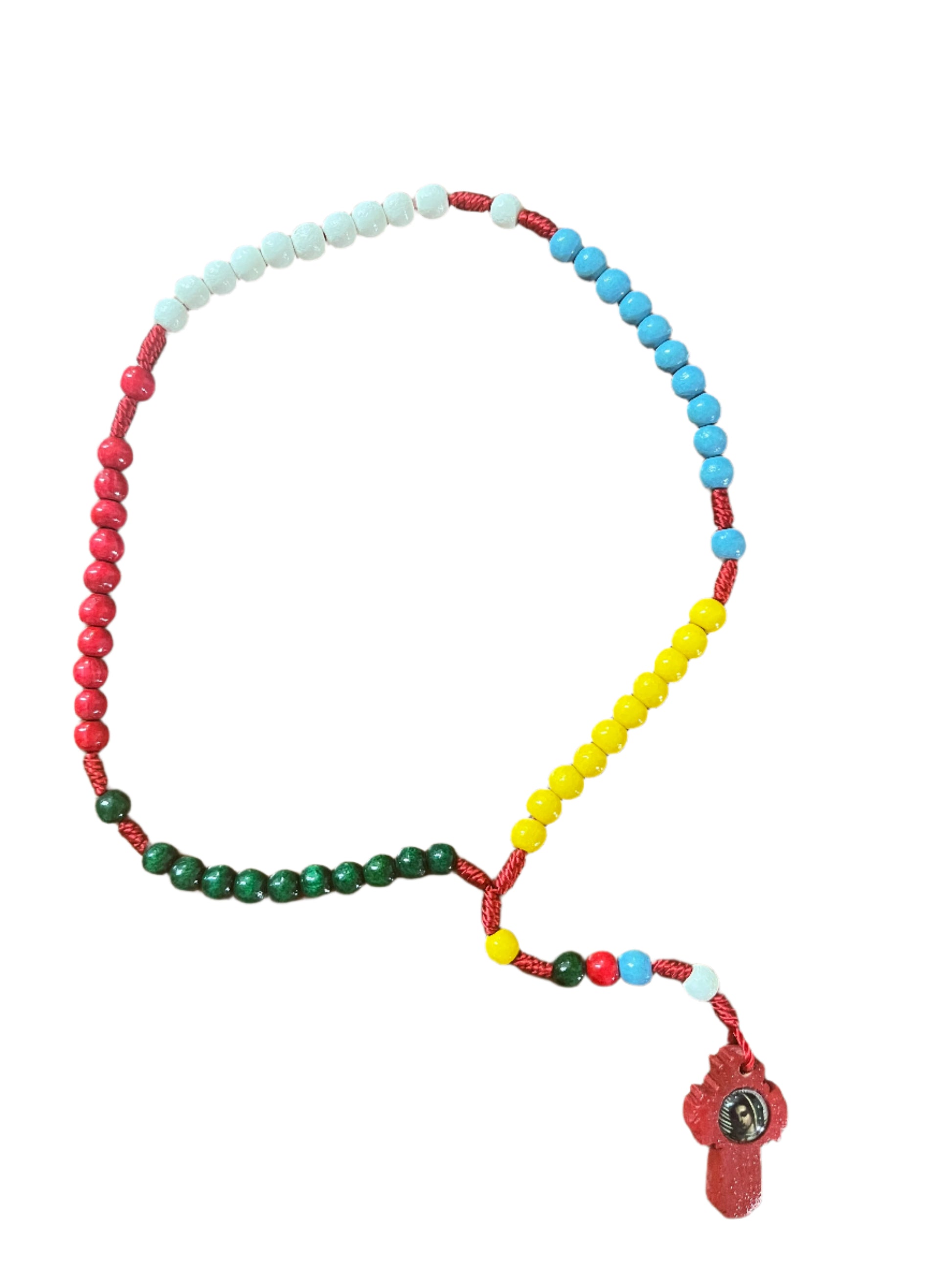 Wood Missionary Rosary with multicolor wooden beads on red cord and cross featuring Our Lady of Guadalupe image