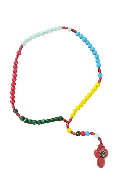 Wood Missionary Rosary with multicolor wooden beads on red cord and cross featuring Our Lady of Guadalupe image