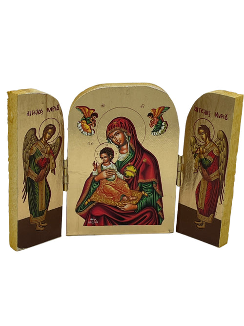 3 1/2" Madonna and Child Greek icon triptych with angels, red and gold tones, devotional piece with hinged panels