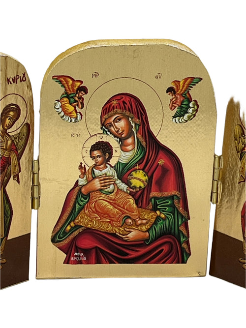 3 1/2" Madonna and Child Greek icon triptych with angels, featuring traditional red and gold devotional artwork
