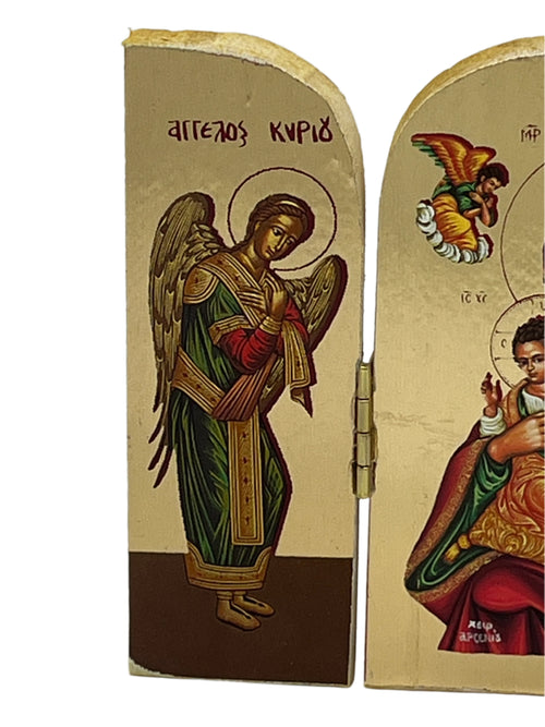 3 1/2" Madonna and Child Greek icon triptych with angels on gold background and detailed traditional design