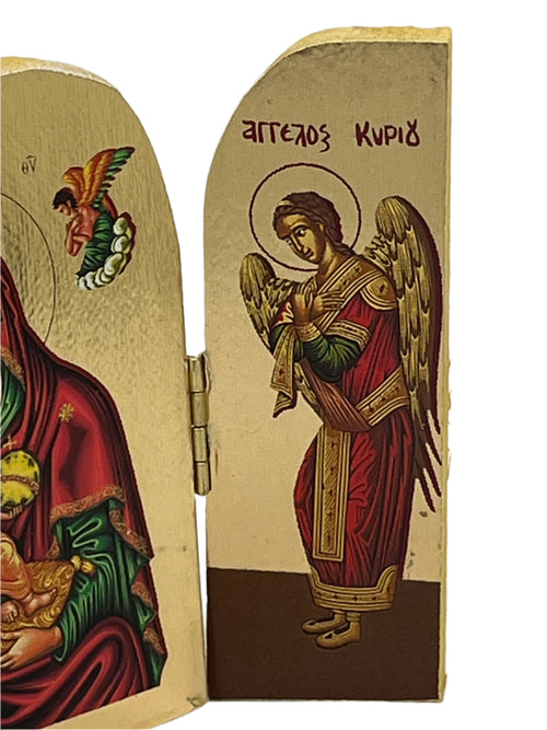3 1/2" Greek icon triptych with Madonna and Child and angel figures on red and gold background