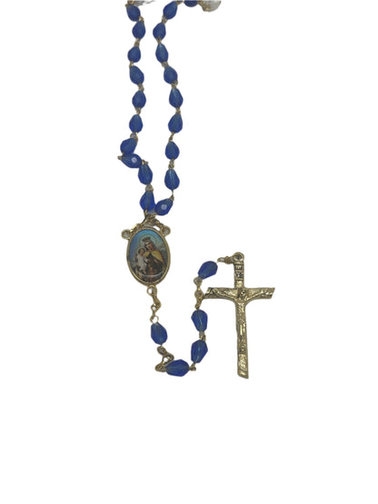 Our Lady of Mt. Carmel rosary with dark blue beads, gold-tone chain, detailed centerpiece, and crucifix pendant